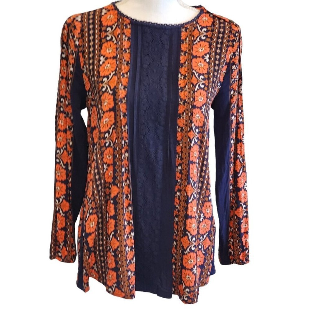 Matilda Jane FLORET Women's Top Floral Woven Lace Trim Tunic Orange Navy Size S